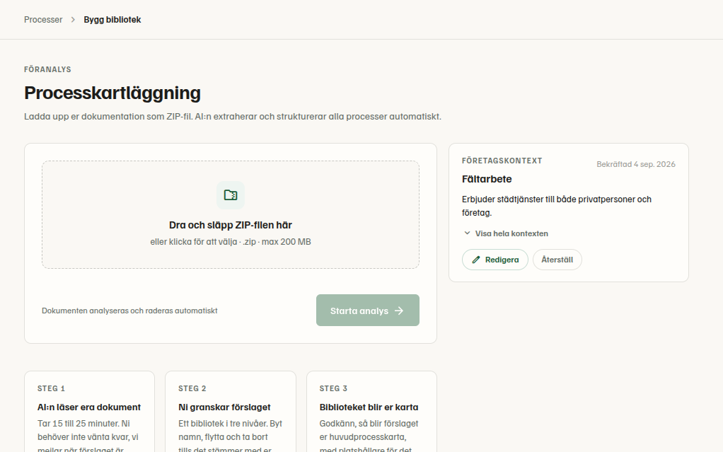Library Builder: dra in en ZIP med era dokument, så analyseras de och blir ett förslag till processkarta